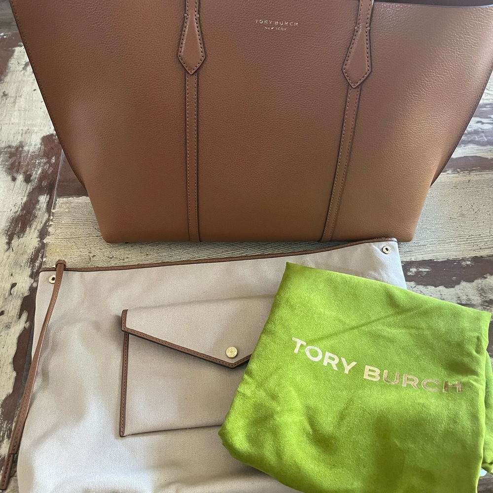 Tory Burch Perry Cognac Brown Triple Compartment Leather Tote EUC